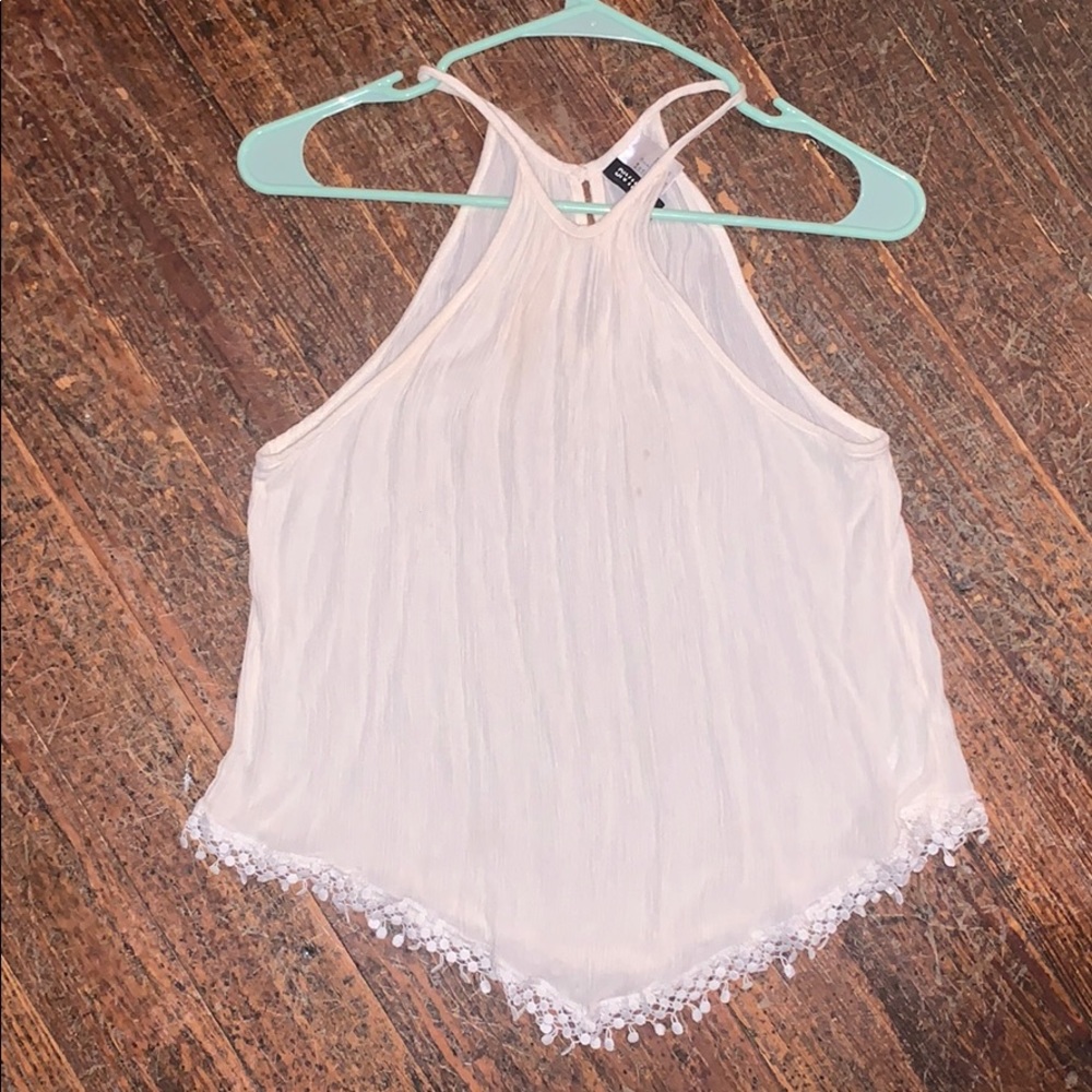 White crop top fringe detail bottom trim